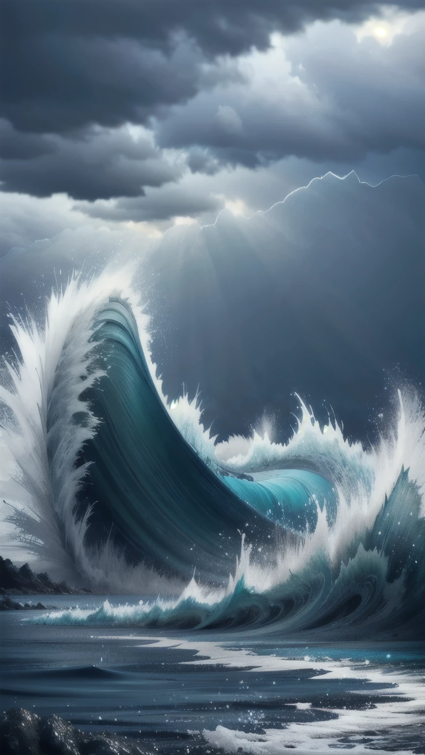 Capture a turbulent ocean scene with stormy skies above the Bermuda Triangle. The waves should be rough, with lightning striking in the background. The overall atmosphere should be dark and foreboding, emphasizing the mysterious and dangerous nature of this area.