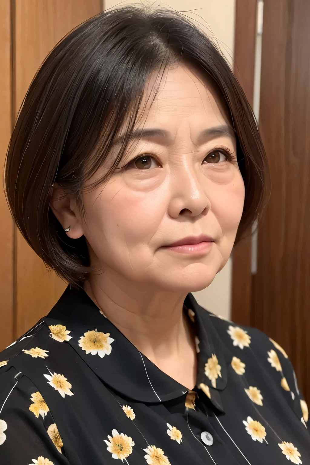 Generate an image of a woman in her late 60s to early 70s with a fuller, more plump body type. She has a round face with prominent wrinkles and age spots, reflecting a mature age. Her hair is short, with dark brown stripes of gray, styled in a masculine manner. She has a double chin and chubby cheeks. She is wearing a modest black blouse with floral patterns. Her skin is tanned with visible signs of aging. Overall, her appearance exudes dignity and an "old grandmother" vibe, with a stern expression. Though she is a woman, her very short hair and overall appearance give her a masculine feel