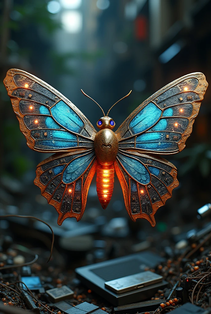 A moth made with e-waste (a motherboard for its wings , a vape or a battery for its body, and any e-waste things for its details)
