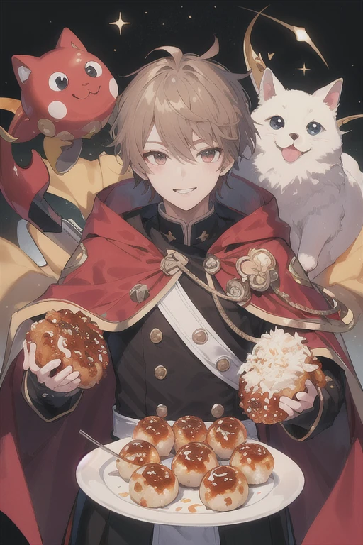 ((Highest quality)), ((masterpiece)), (detailed), Takoyaki,human,hero,Cape,juvenile,smile,male,Takoyaki is a weapon
