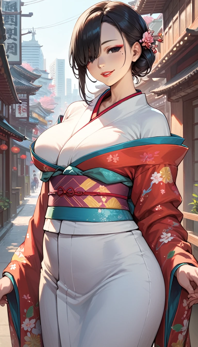 (score_8, score_8_up,masterpiece,highest quality,Perfect Anatomy,Exquisite detailed,realistic)(hyper realistic:1.2)1 Japanese woman,tsurime(narrow eyes:1.1)black eyeshadow,busty,big hips,Plump,black hair,low bun,hair over one eyemole under eye,black eyes,red lips,kimono,smile,city