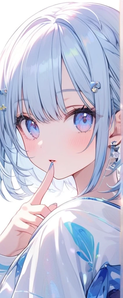 Clear white short hair,The tips of the hair are,Wearing milky super light blue ,Light blue eyes,Very cute sweet girl,Beautiful fingers,Pale skin,