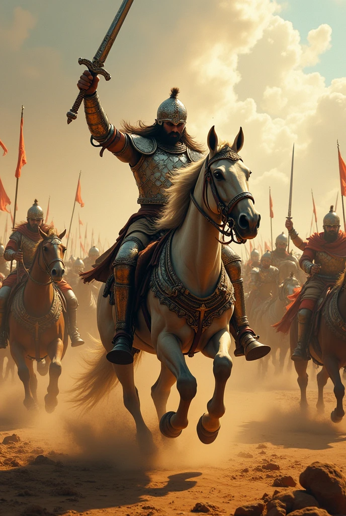 Raja Bhoj, mounted on a powerful warhorse, charges into battle with his sword raised high. His armor gleams under the sunlight as he cuts through the ranks of enemy soldiers. The battlefield is filled with the dust of the charging horses, and in the background, soldiers engage in intense combat with spears and shields clashing. The scene captures the intensity and chaos of medieval warfare, with Raja Bhoj leading his forces from the front