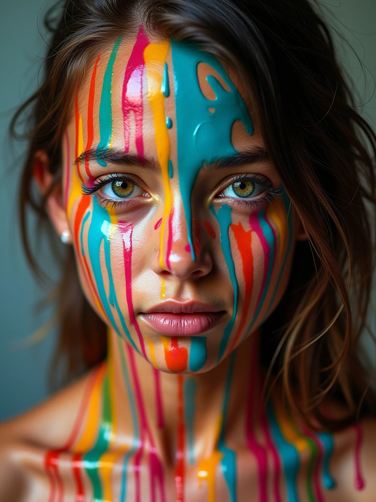 real picture,Shooting with SLR camera,Ultra HD,8k,16K,High-contrast colors,Richard Avedon-style portraiture,a girl splashed with thick oil paint,Jean-Luc Almond's style,Photography,Energetic、richly textured works come together,creates dramatic abstract effects,Art Photography