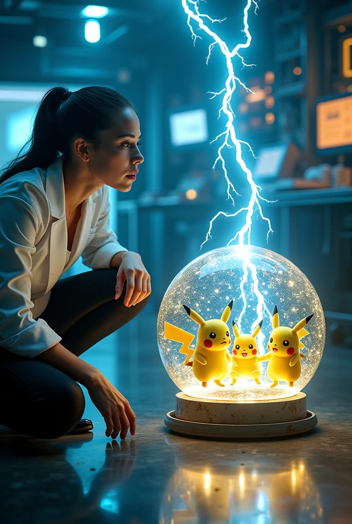 a scientist capturing small Pikachu in a transparent glass sphere, small Pikachu releasing electric current from its body, the electricity being transferred to a power generator, highly detailed, 8k, photorealistic, intricate details, dramatic lighting, cinematic composition, stunning colors, glowing electricity, glass sphere refracting light, advanced technology, science fiction, epic scale