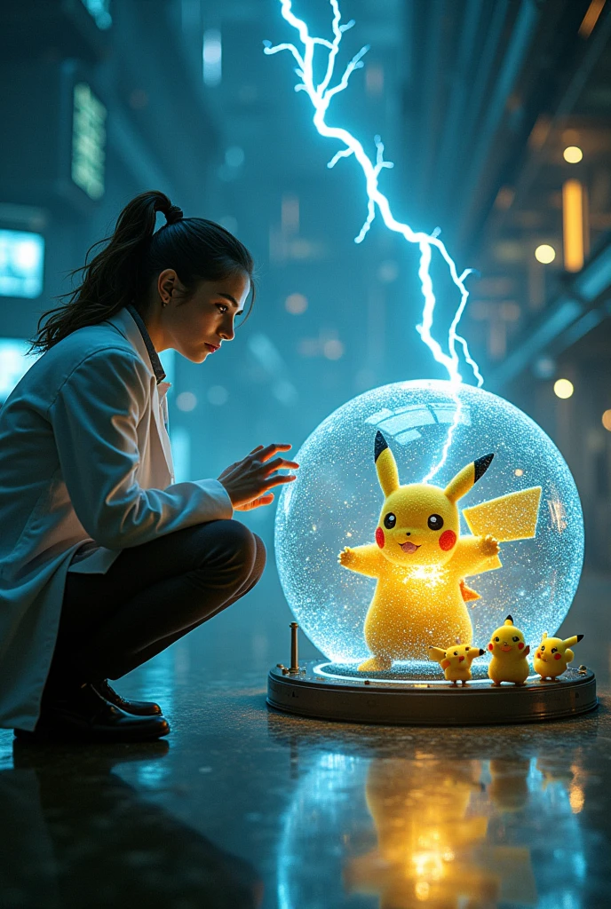 a scientist capturing small Pikachu in a transparent glass sphere, small Pikachu releasing electric current from its body, the electricity being transferred to a power generator, highly detailed, 8k, photorealistic, intricate details, dramatic lighting, cinematic composition, stunning colors, glowing electricity, glass sphere refracting light, advanced technology, science fiction, epic scale