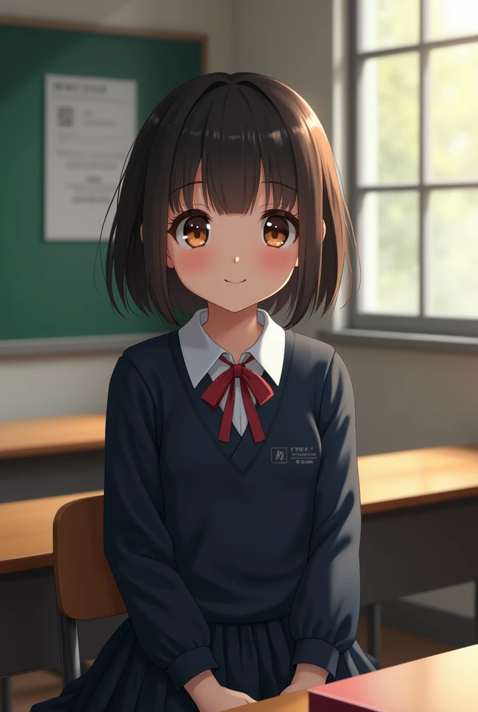 Highest quality, Face Focus, Soft Light, Ultra-high resolution, (Realistic:1.4), RAW Photos, 1 Japan, alone, cute, (A shy smile:0.5), (Brown eyes, Light in your eyes), Beautiful face in every detail, (Small box),(High resolution detail of human skin texture), (Short Bob Hair), break, In the classroom,Navy uniform, Best, skirt