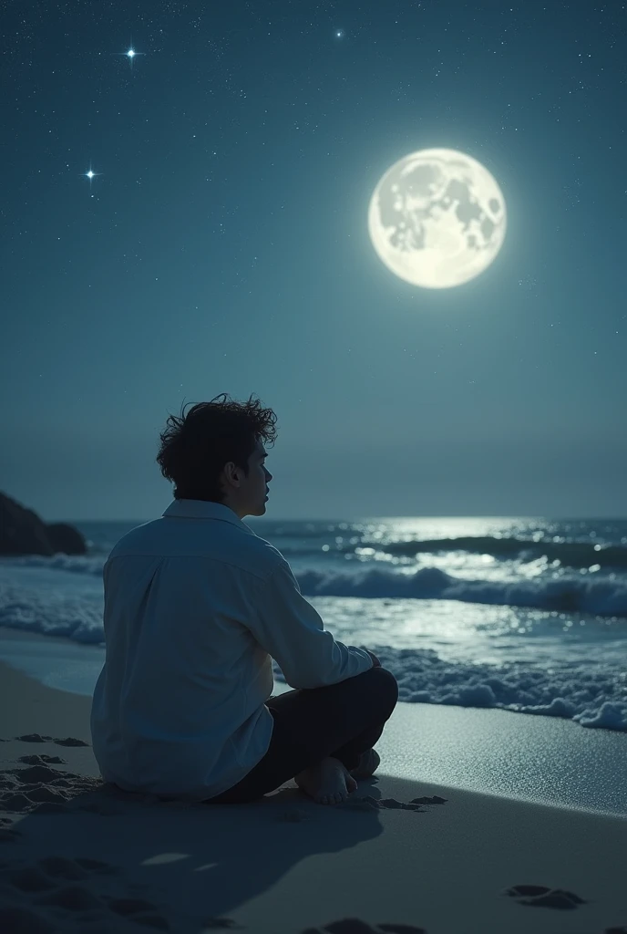 I want a picture of a soft man sitting with his back on the beach, with waves from the sea gently lapping at the beach, thinking about his old lover, and the moon and stars surrounding the moon.