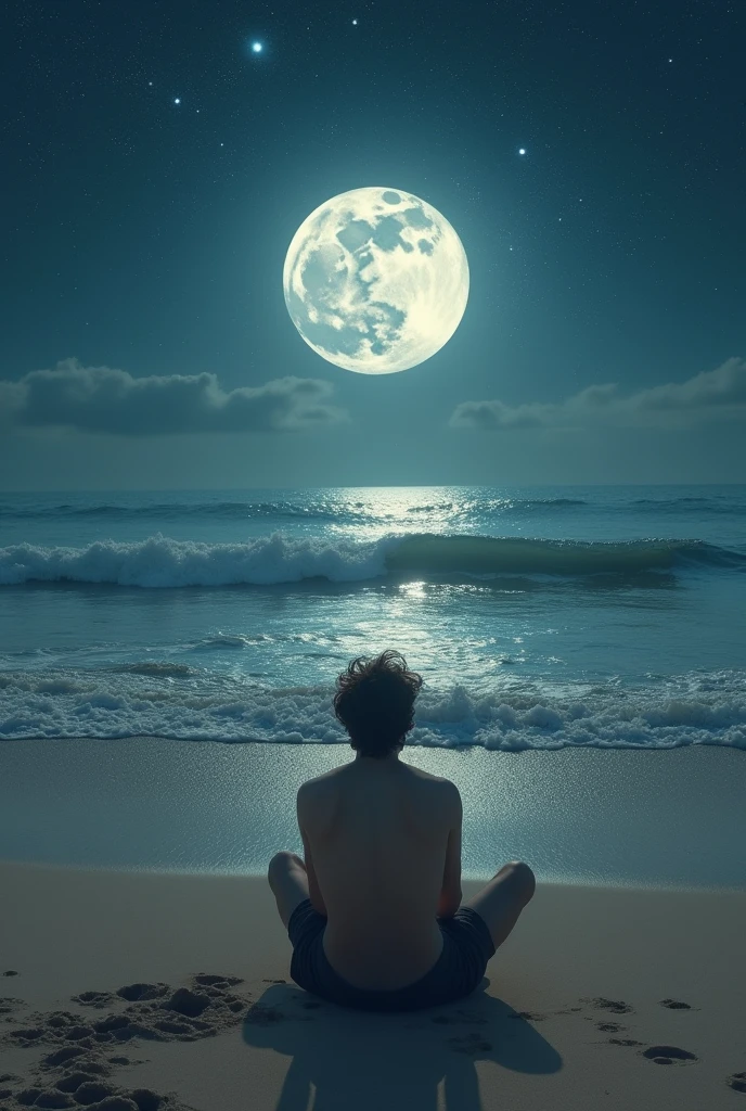 I want a picture of a soft man sitting with his back on the beach, with waves from the sea gently lapping at the beach, thinking about his old lover, and the moon and stars surrounding the moon.