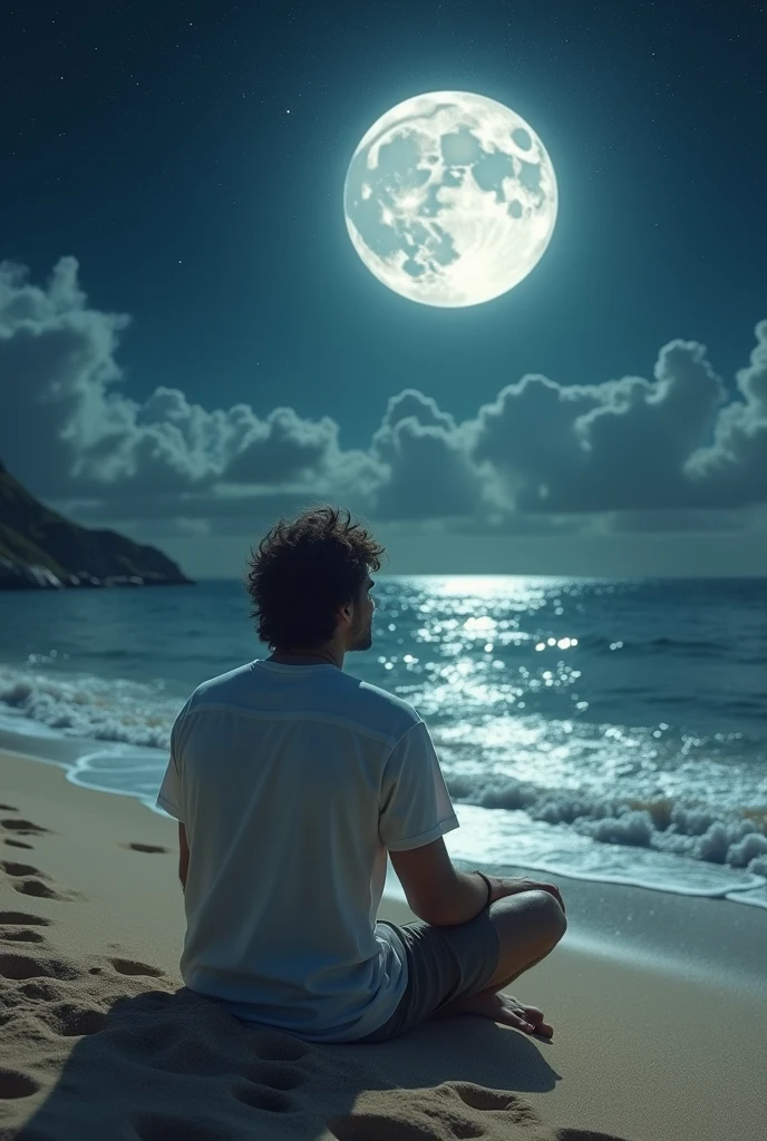 I want a picture of a soft man sitting with his back on the beach, with waves from the sea gently lapping at the beach, thinking about his old lover, and the moon and stars surrounding the moon.