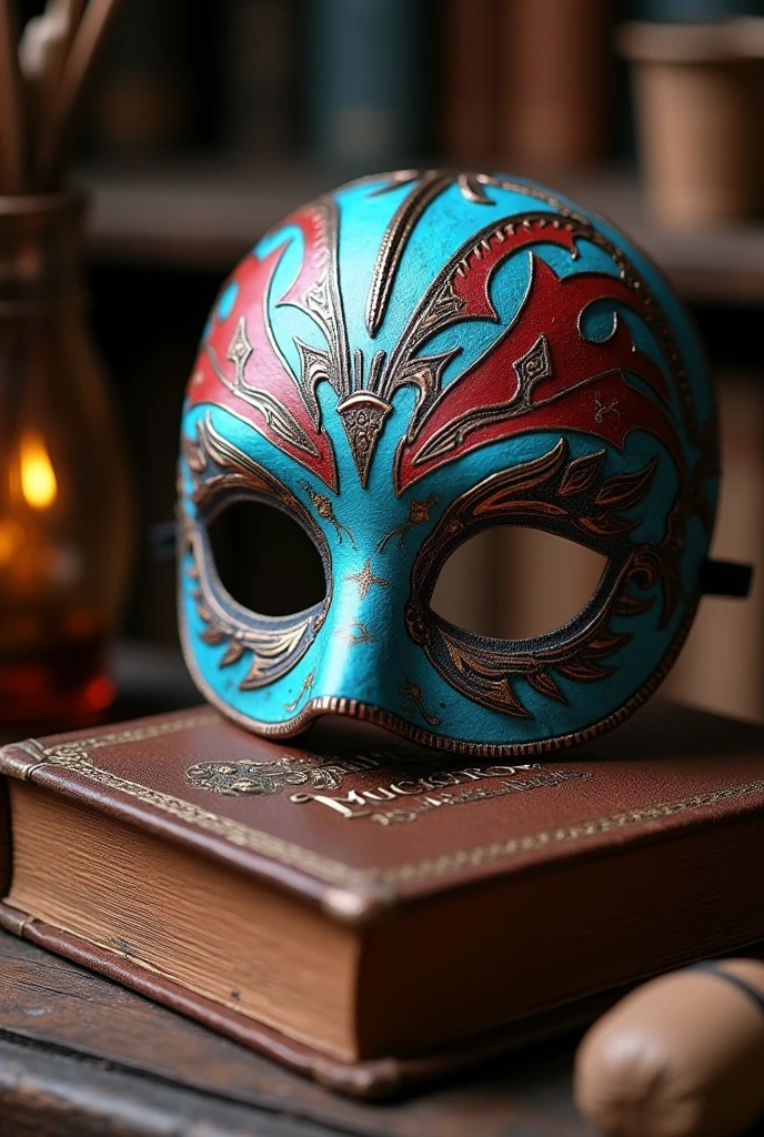 Light blue and red coloured mask mark
included "Muicktrow" titled brown colour book cover