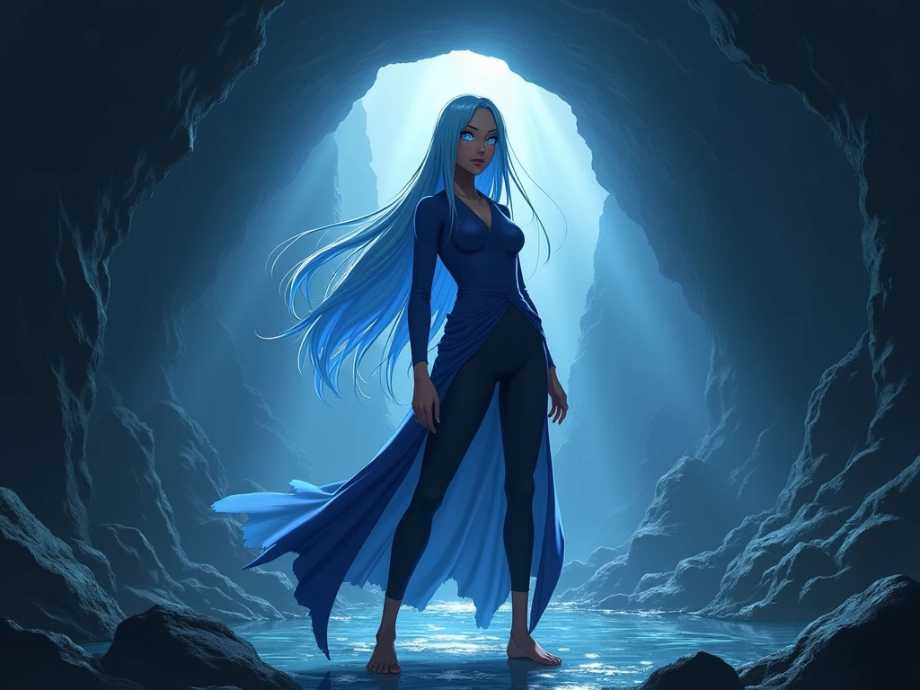 Real beautiful biracial latina woman, light blue hair, light blue eyes,large breasts, do a Cosplay of Itachi Uchiwa, akatsuki suit, in a cavern, Vues Multiples, 