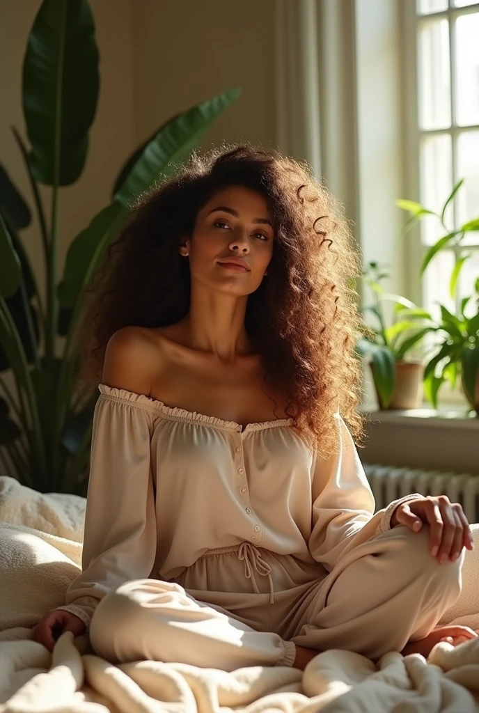 (photorealism:1.2), beautiful woman, sitting on bed, wearing loose off-shoulder top, pajama pants, long curly hair, indoors, soft lighting, plants in background, window with sunlight, cozy room, relaxed pose, realistic, intricate details, warm colors, by Greg Rutkowski, by Alphonse Mucha