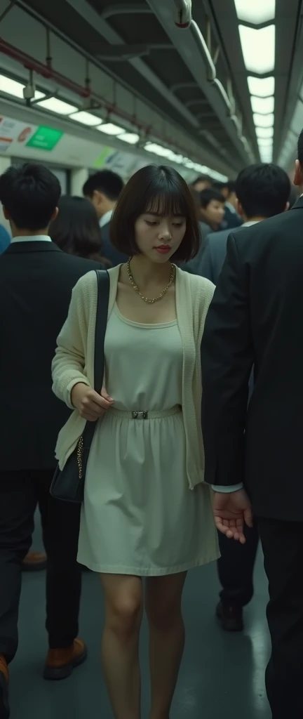 (32K:1.9, Highest quality, masterpiece, Ultra-high resolution, Professional low-angle camerawork:1.5, Very detailedな肌と顔の質感:1.4), Always accurate, Very detailed, Bag, (((crowded train:2.0, There are multiple hands around her:2.2, Several men touched parts of her body.:2.5))), ((A short Japanese woman of 25 years old, Big breasts on the verge of collapse:1.2, Camisole dress and cardigan:1.5, Incredibly slim body:1.3, areola is not visible)), belt, Fair skin, elegant, sense of cleanliness, Thin eyebrows, (Big eyes that exude beautiful eroticism:0.4, Embarrassed smile:1.0, I despise you from the bottom of my heart:0.8, Open your mouth a little, lipstick, Feel the beautiful eroticism:0.9, Dark brown medium hair), Earrings, necklace, bracelet, romantic, mysterious, Object of admiration, original, dramatic, artistic, Innovative, charm, Heartful, Fancy, Tilt, sense of loss, special, ((exciting, Extreme, sense of openness, suffering, sufferingの表現)), (((Mistakes made due to youth, 女性的なcharm)))