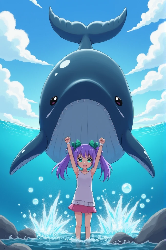 anime girl from the bottom carrying realistic sperm whale with her two short hands