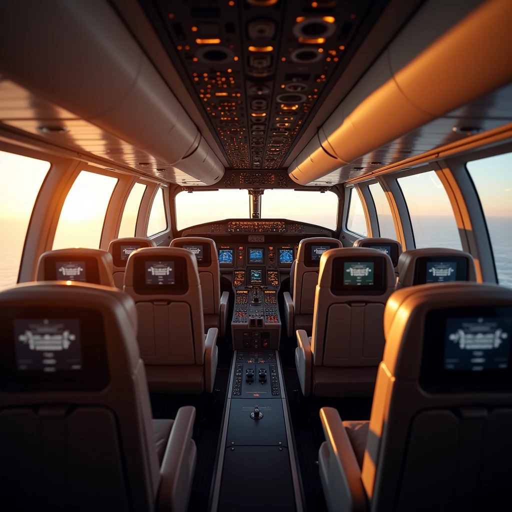 In the cockpit of the aircraft,You can see a lot of airplane seats,The seats have screens on the headrests,Afternoon Effect,No passengers,The camera rotates 45 degrees,