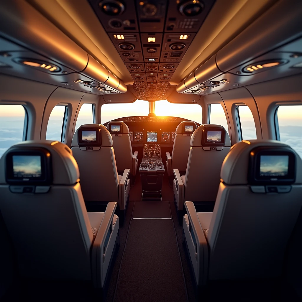 In the cockpit of the aircraft,You can see a lot of airplane seats,The seats have screens on the headrests,Afternoon Effect,No passengers,The camera rotates 45 degrees,
