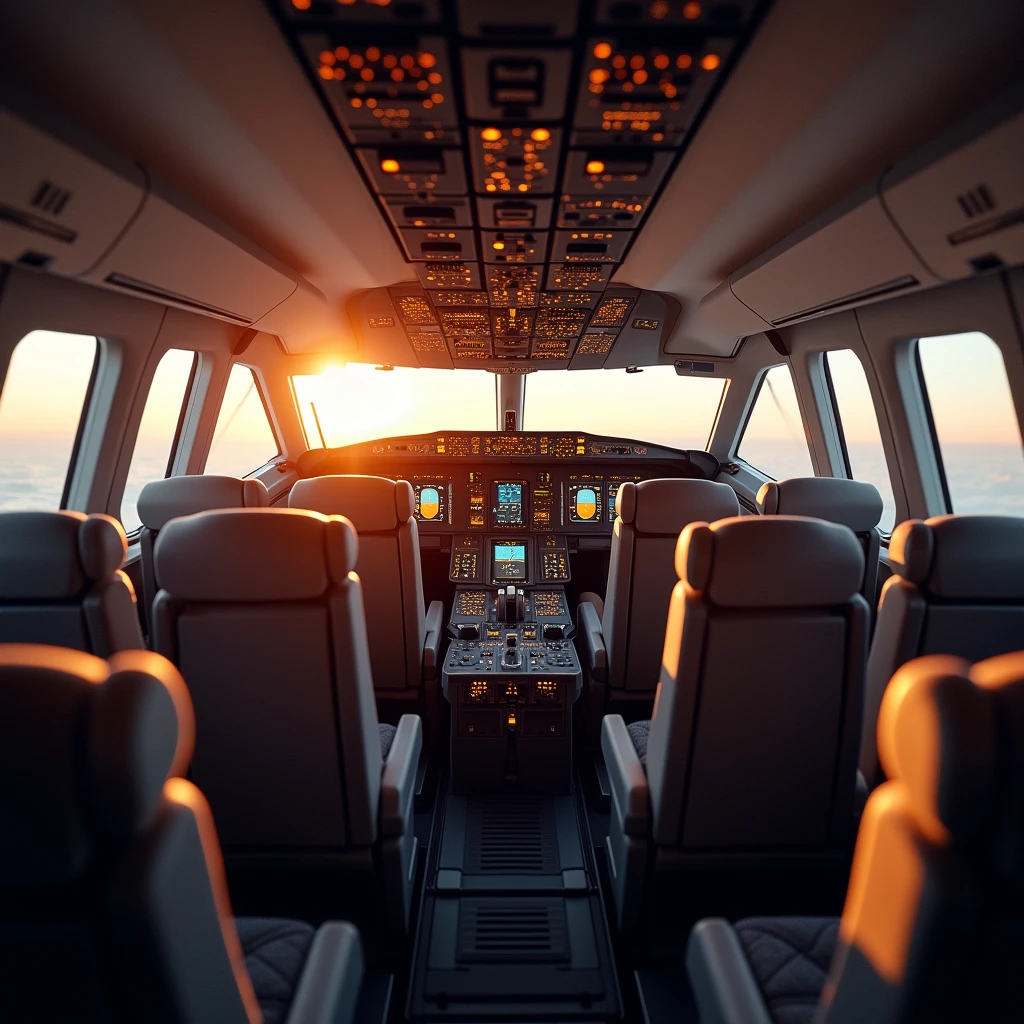 In the cockpit of the aircraft，You can see a lot of airplane seats，The seats have screens on the headrests，Afternoon Effect，No passengers，The camera rotates 45 degrees，
