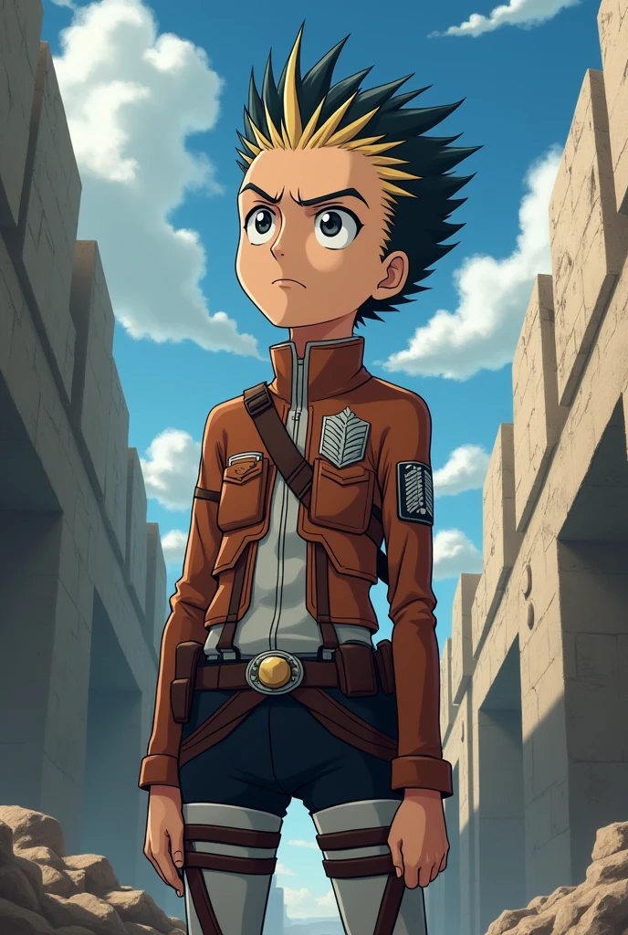 man, short and raised hair, mohawk style hair, blonde tips but black roots, upset expression, thick eyebrows, big black eyes, delgado, white, in the style of Attack on Titan anime, with the attack on titan uniform