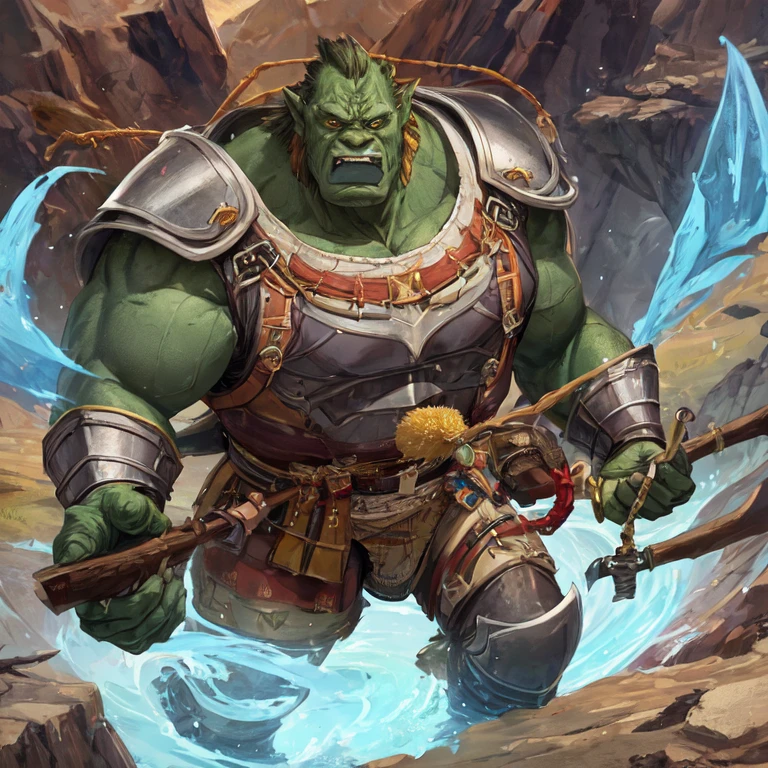 A large, well-built orc dressed in armor and wearing a fully enclosed helmet with two axes 