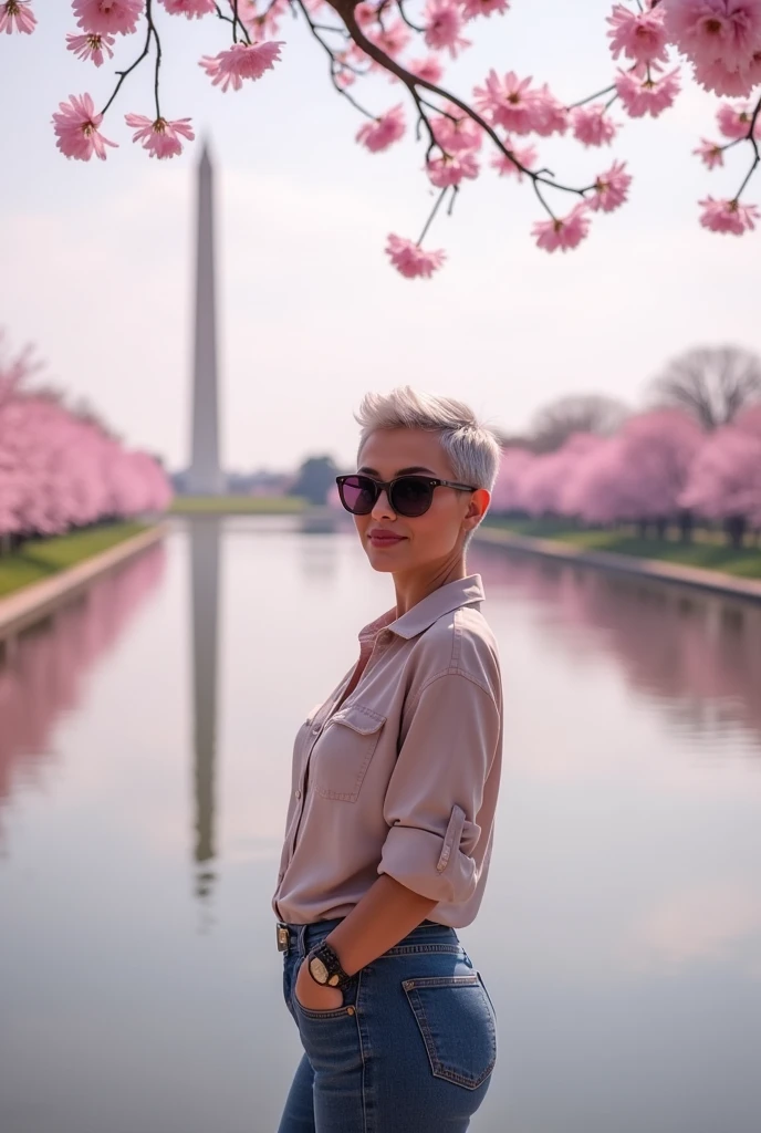 Beautiful woman very short silver hair wearing sunglasses, shirt and blue jeans, standing in front of lake and pink cherry blossom, Washington monument on the background, pink atmosphere