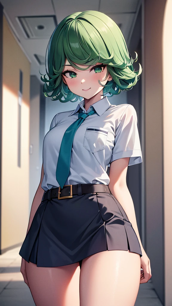 (high res, 8K, masterpiece, looking at viewer, best quality, very aesthetic, ultra detailed, ultra background, ultra Eyes) intricate details, 1girl, Tatsumaki, Chibi, body straight and arms sideways facing the camera, Green Short Hair, Green Eyes, short sleeved white shirt, Smile Face, pocket on left chest, wearing a Gray tie, light Blue short skirt, wear a belt, Background school hallway, School, Cinematic Angle