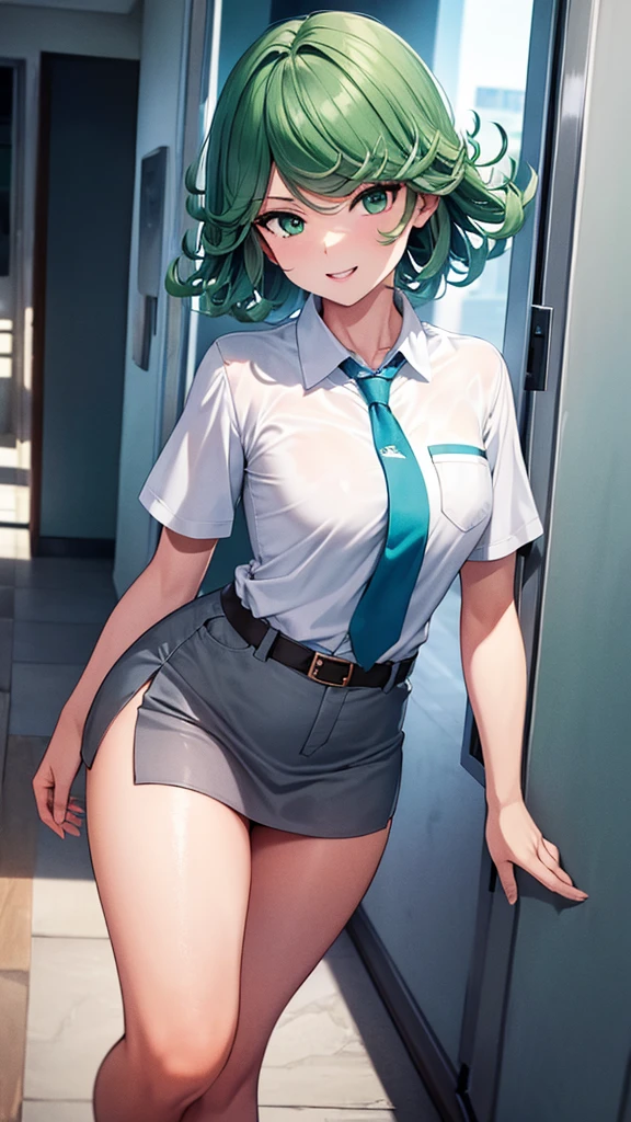 (high res, 8K, masterpiece, looking at viewer, best quality, very aesthetic, ultra detailed, ultra background, ultra Eyes) intricate details, 1girl, Tatsumaki, Chibi, body straight and arms sideways facing the camera, Green Short Hair, Green Eyes, short sleeved white shirt, Smile Face, pocket on left chest, wearing a Gray tie, light Blue short skirt, wear a belt, Background school hallway, School, Cinematic Angle