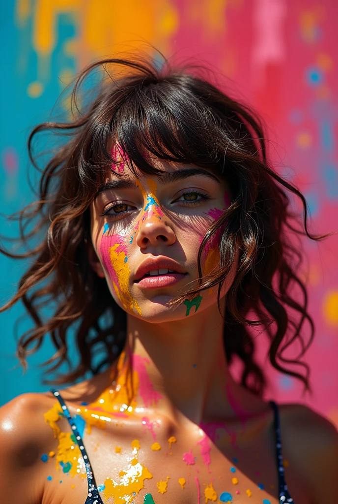 real picture,Shooting with SLR camera,Ultra HD,8k,16K,High-contrast colors,Richard Avedon-style portraiture,a girl splashed with thick oil paint,Jean-Luc Almond's style,Photography,Energetic、richly textured works come together,creates dramatic abstract effects,Art Photography