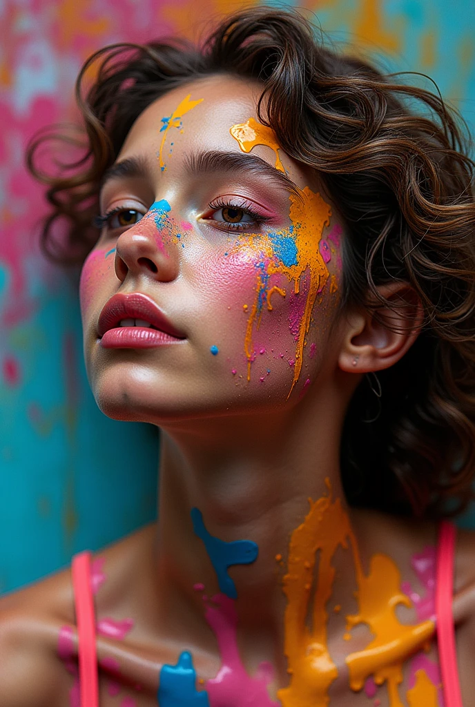 real picture，Shooting with SLR camera，Ultra HD，8k,16K，High-contrast colors，Richard Avedon-style portraiture，a girl splashed with thick oil paint，Jean-Luc Almond's style，Photography，Energetic、richly textured works come together，creates dramatic abstract effects，Art Photography