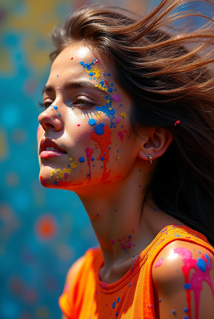 real picture,Shooting with SLR camera,Ultra HD,8k,16K,High-contrast colors,Richard Avedon-style portraiture,a girl splashed with thick oil paint,Jean-Luc Almond's style,Photography,Energetic、richly textured works come together,creates dramatic abstract effects,Art Photography