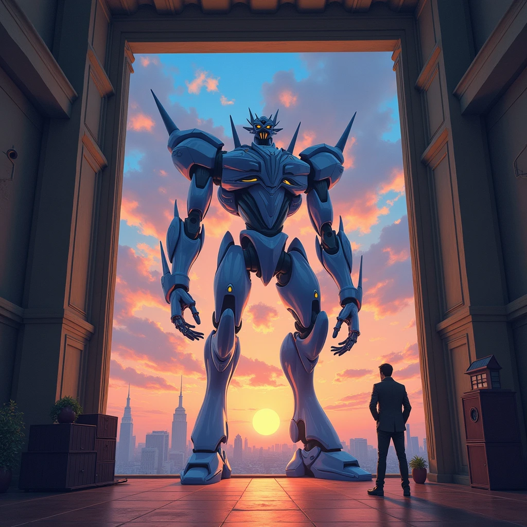 (masterpiece:1.2) (best quality) (detailed) (intricate) (8k) (HDR) (wallpaper) (cinematic lighting) (sharp focus), a monster evangelion,anime artstyle, (oil painting artstyle:1.2), side view from inside a building looking outside