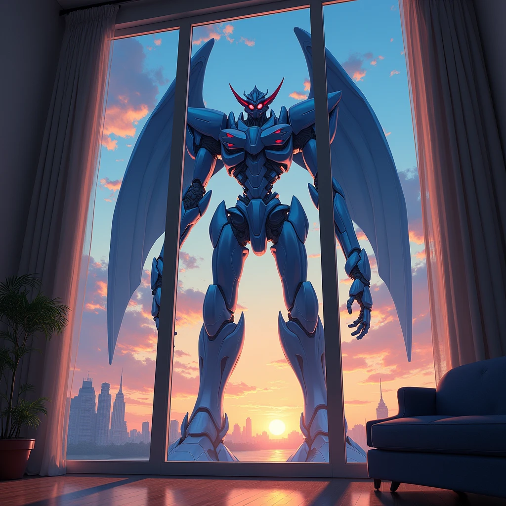 (masterpiece:1.2) (best quality) (detailed) (intricate) (8k) (HDR) (wallpaper) (cinematic lighting) (sharp focus), a monster evangelion,anime artstyle, (oil painting artstyle:1.2), side view from inside a building looking outside