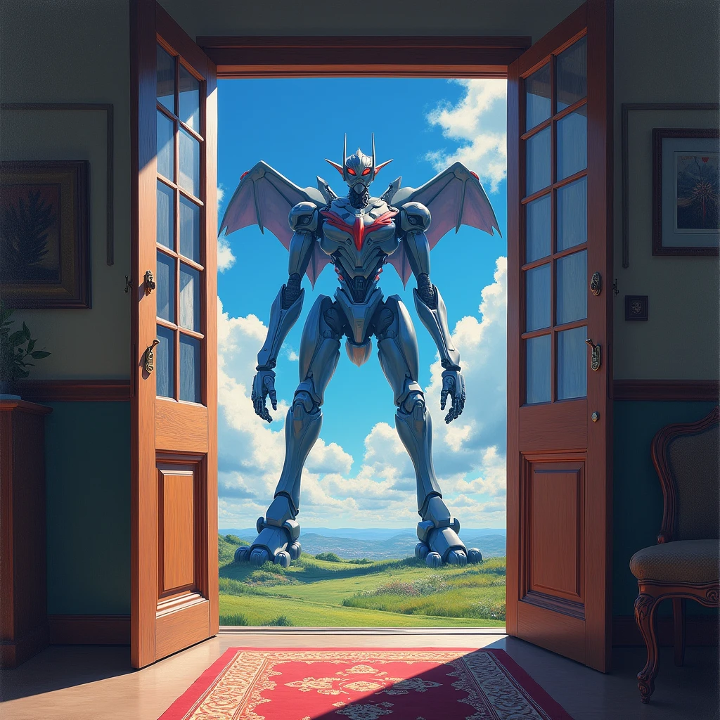 (masterpiece:1.2) (best quality) (detailed) (intricate) (8k) (HDR) (wallpaper) (cinematic lighting) (sharp focus), a monster evangelion,anime artstyle, (oil painting artstyle:1.2), side view from inside a building looking outside