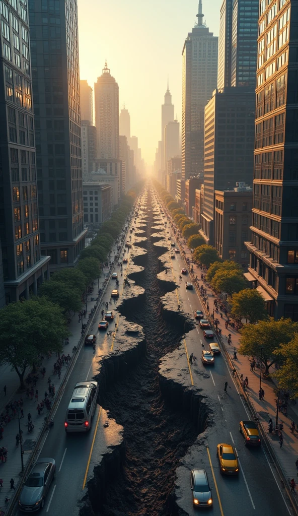 Image In the city in the morning in the middle of the road tall buildings . Top view looking down on the road The scene is shaking There is a deep crack under the road .underground space cracks hundreds of giant spiders crawled out from the cracks including spiders as big as cars 