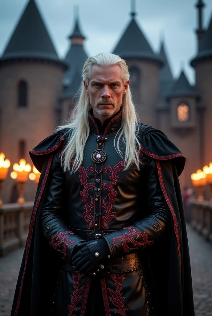 A 50 Years old Daemon Targaryen (Matt smith) with long Platinum blonde hair, he's wearing a royal black rough Prince costume with Red scarlet details, purple eyes, he's old with long face