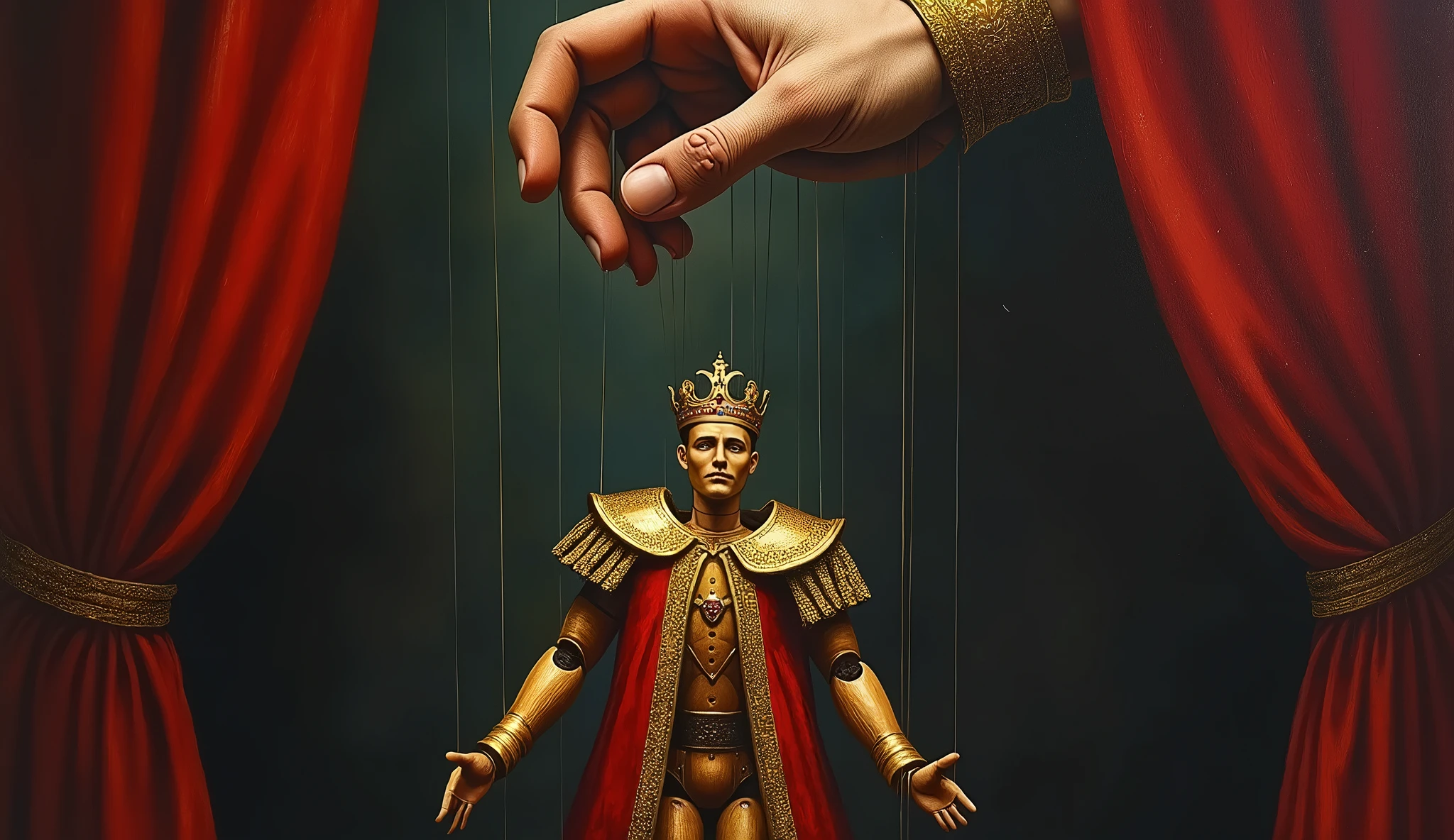 oil painting, Puppet king with strings and giant hand holding strings