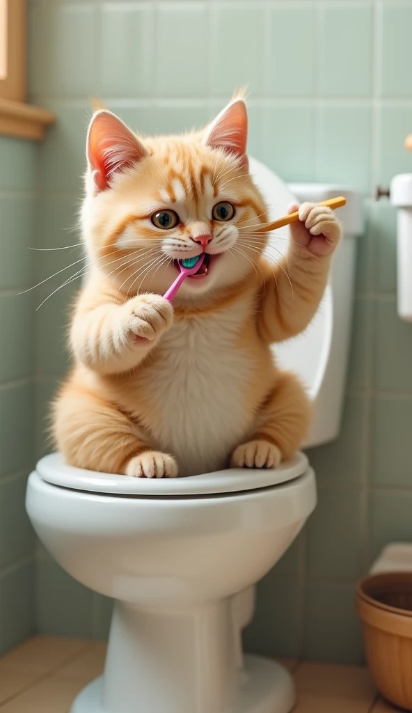 photorrealistic, 64k, cute fat [cat] cleaning his teeth with toothbrush in toilet