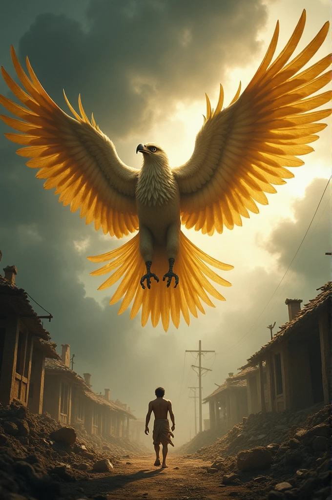 Garuda is shown swooping down to pick up Raghur with his strong talons. The background features the stormy village in ruins, with Raghur looking surprised but hopeful as Garuda lifts him into the sky.