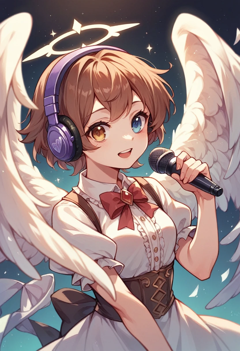 Young woman, an angel, short brown hair, hydrochromia, Brown eyes, Golden eyes, fantasy clothing,  wide belle wings, holds a bow with steles in his hands, gaming headphones with microphone