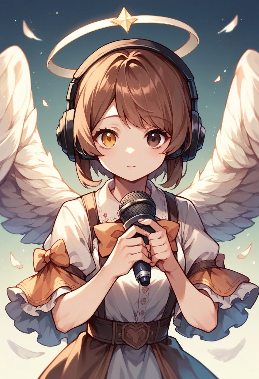 Young woman, an angel, short brown hair, hydrochromia, Brown eyes, Golden eyes, fantasy clothing,  wide belle wings, holds a bow with steles in his hands, gaming headphones with microphone