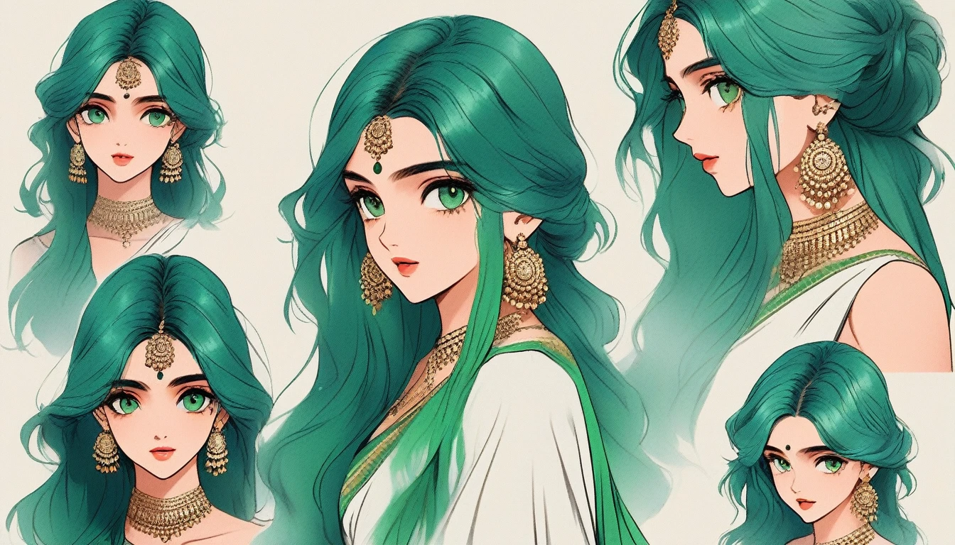 Illustrator, anime , Realistic ,sketch , 1 person, ,lip,Bollywood,order,Texture Trim, (masterpiece,Highest quality) Indian background, Emerald and marine blue hair,Texture Trim, (masterpiece,Highest quality) ,whole body