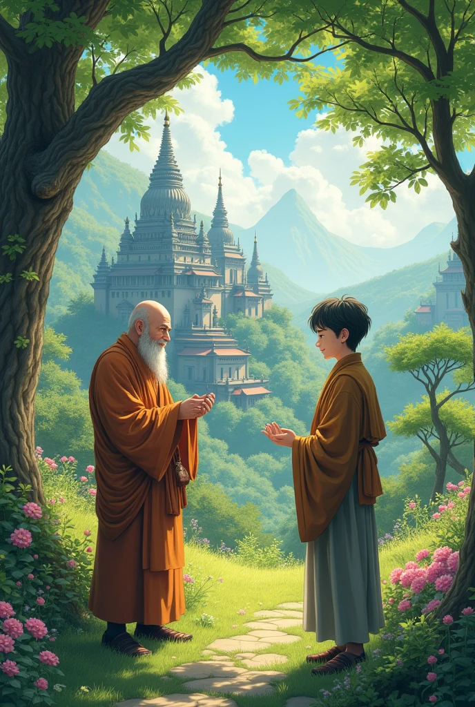 Old fat monk talking with young monk student, beautiful garden, in anime style, trees, surrounded by temples,