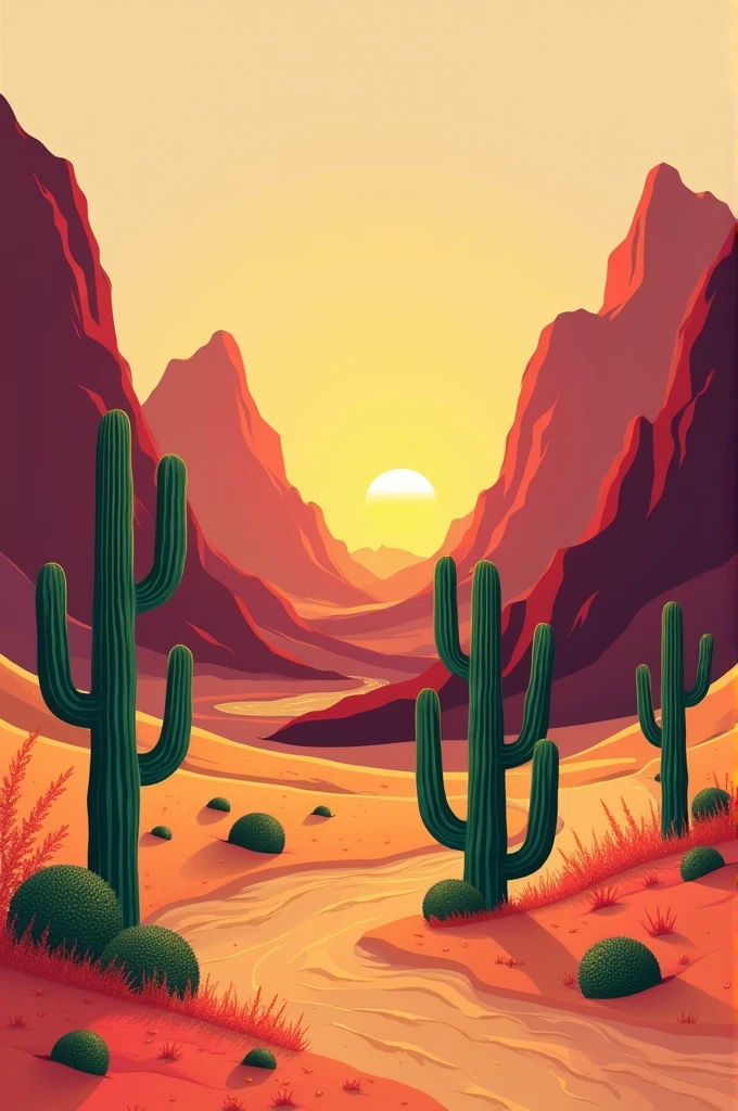 Point of view of 2 desert mountains and 3 cactuses scattered around in vector style a little bit orange and red in color