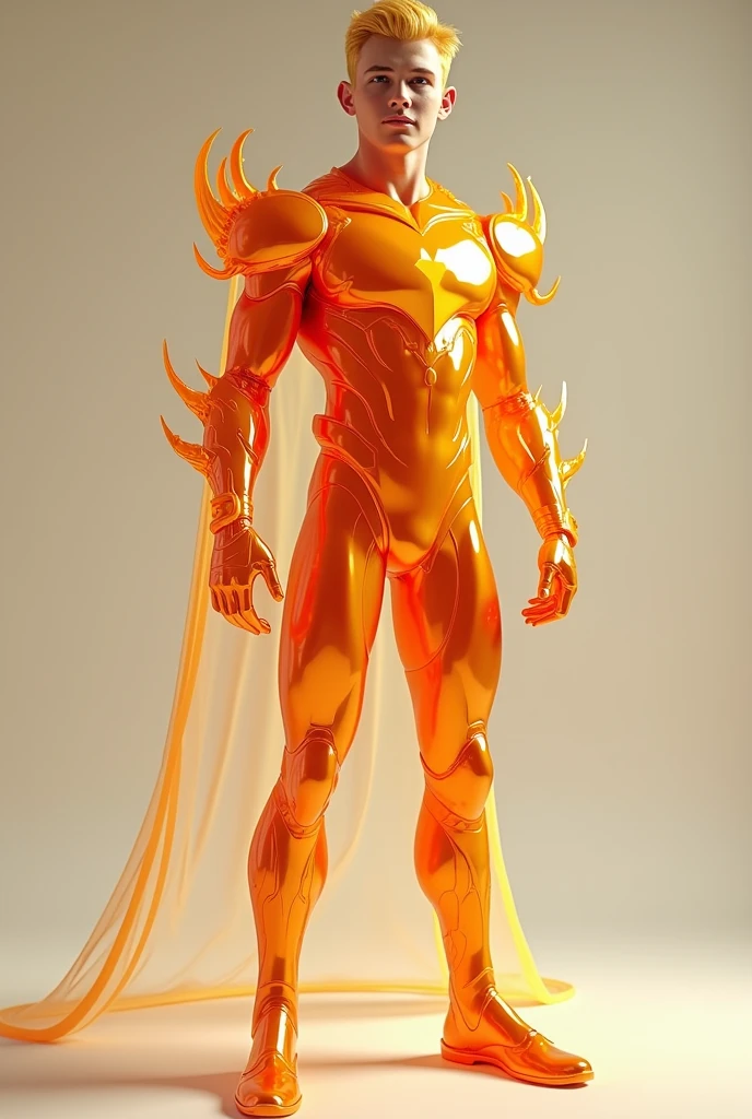 full full body photorealistic handsome hunky fractal masculine titans Blonde Saturn boy wearing a orange quartz transparent crystal chrome glass super suit , look at camera, detailed face parts,, studio as background, Freestyle Pose, Happy Expression, perfect anatomy, symmetric body,, 18 years old, :: high detail, a lean athletic body, realistic, human skin, extremely detailed fingers, chad chin,, masculine, human skin, , gorgeous, Attractive. super bulges in action
