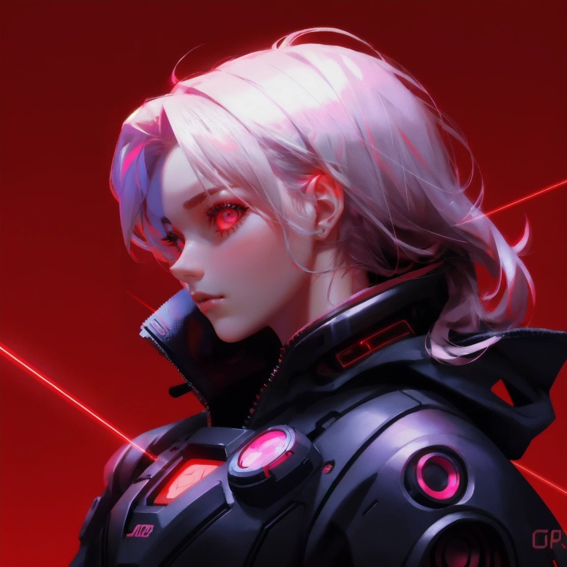 A cyberpunk scene with a bold red background, featuring a side profile of a cybernetic figure with a laser eye. Replace the figure with a beautiful, cute girl with a similar cybernetic appearance and laser eye, keeping the red background and overall aesthetic the same.