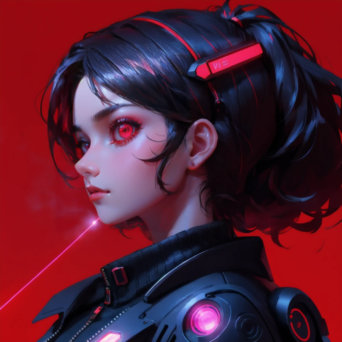 A cyberpunk scene with a bold red background, featuring a side profile of a cybernetic figure with a laser eye. Replace the figure with a beautiful, cute girl with a similar cybernetic appearance and laser eye, keeping the red background and overall aesthetic the same.