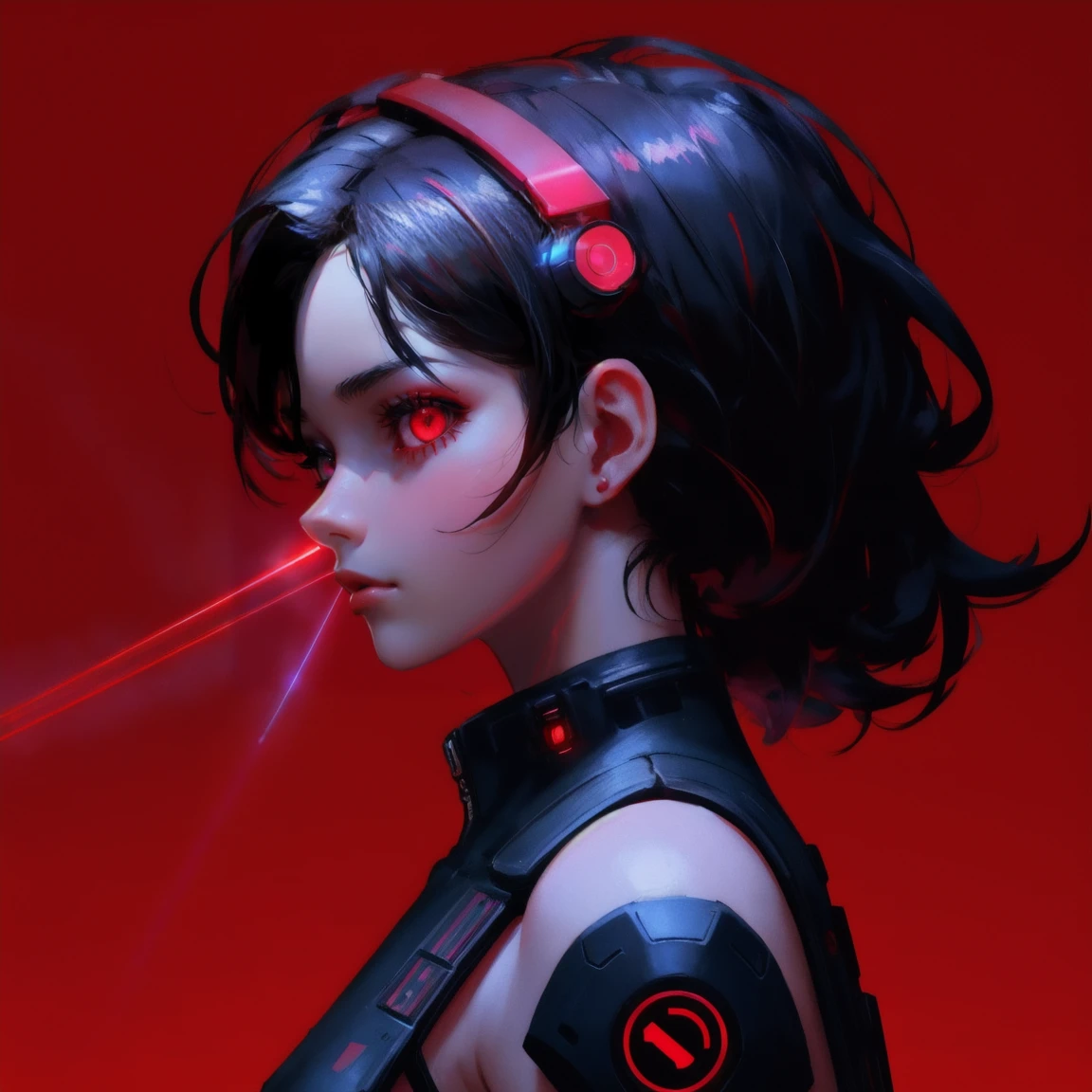 A cyberpunk scene with a bold red background, featuring a side profile of a cybernetic figure with a laser eye. Replace the figure with a beautiful, cute girl with a similar cybernetic appearance and laser eye, keeping the red background and overall aesthetic the same.