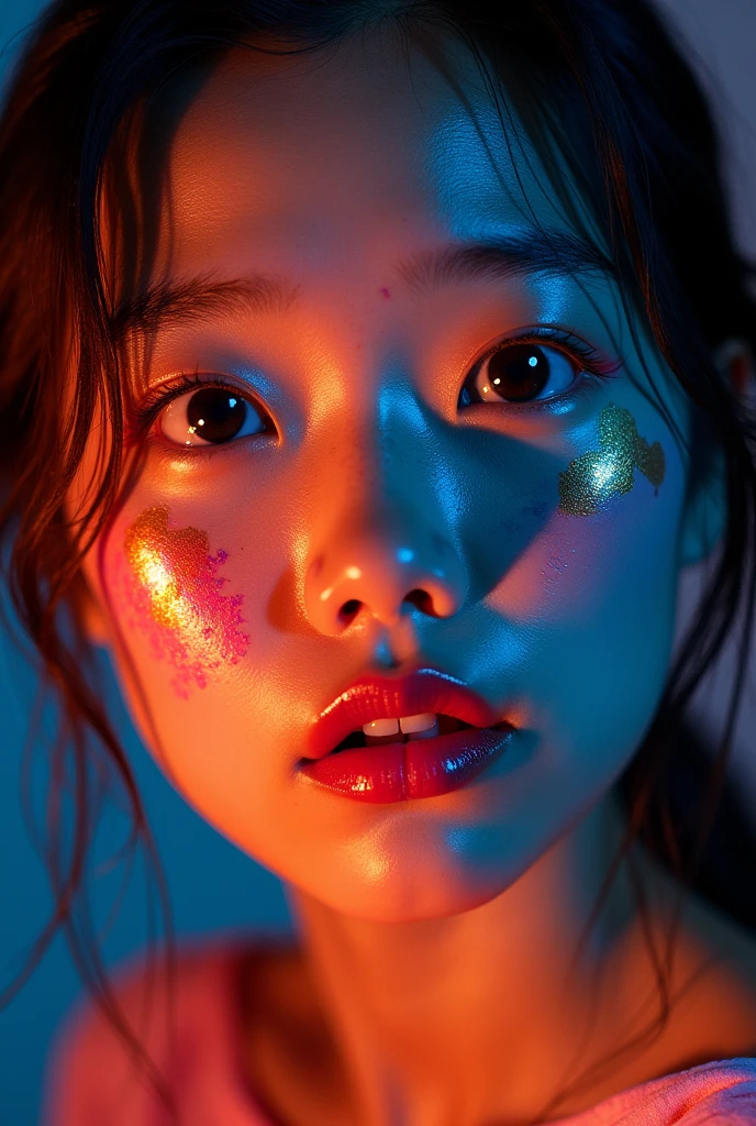 real picture,Shooting with SLR camera,Ultra HD,8k,16K,High-contrast colors,Richard Avedon-style portraiture,a girl splashed with thick oil paint,Jean-Luc Almond's style,Photography,Energetic、richly textured works come together,creates dramatic abstract effects,Art Photography,Asian Girls,Close-up of face
