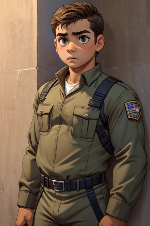 The boy 6 yo, thin built, with sparse short straight light brown hair, large incredulous eyes with a confused look. The wide, square face is adorned with a snub nose and thick lips. Soldier uniform, tight clothes