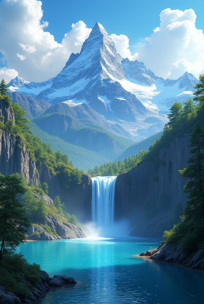 masterpiece, best quality, high quality, Extremely detailed CG unity 8k wallpaper, landscape, outdoor, Sky, cloud, Sky, No humans, Mountain, landscape, water, Tree, blue Sky, waterfall, cliff, nature, lake, river , cloudy skies, Award-winning photography, Bokeh, Depth of Field, HDR, bloom, Chromatic Aberration, Photorealism, Very detailed, Popular on artstation, Popular on CGsociety, complex, High Detail, dramatic, Art on the go